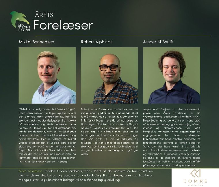 Nominee poster for Årets Forelæser (Lecturer of the Year) 2024 featuring Jesper N. Wulff
